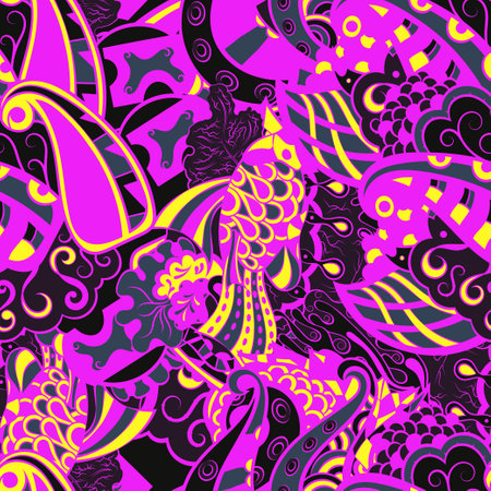 Tracery seamless pattern. mehndi design. Dark sharp colors. 6 colors. Ethnic doodle texture. Curved doodling background. Vector.のイラスト素材