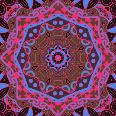 Seamless tile texture. Tracery mehndi design image. Dark toxic colors. Ethnic doodle art. Curved doodling picture. Vector.のイラスト素材