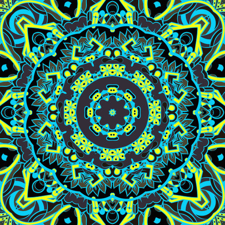 Seamless tile texture. Tracery mehndi design image. Dark toxic colors. Ethnic doodle art. Curved doodling picture. Vector.のイラスト素材