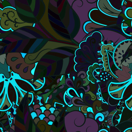 Tracery seamless pattern. mehndi design. Dark sharp colors. Ethnic doodle texture. Curved doodling background. Vector.のイラスト素材