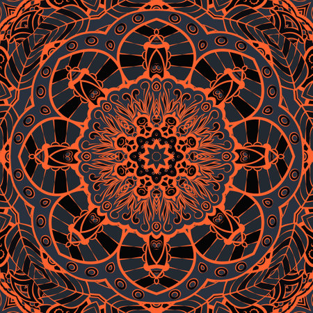 Seamless tile texture. Tracery mehndi design image. Dark toxic colors. Ethnic doodle art. Curved doodling picture. Vector.のイラスト素材