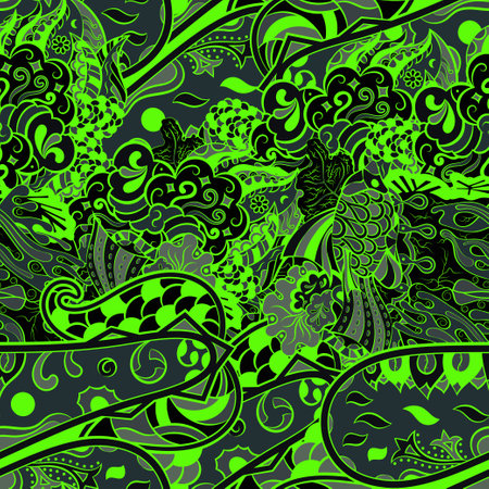 Tracery seamless pattern. mehndi design. Dark sharp colors. 6 colors. Ethnic doodle texture. Curved doodling background. Vector.のイラスト素材