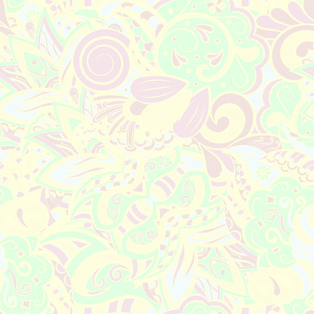 Tracery seamless pattern. mehndi design. pastel. 6 colors. Ethnic doodle texture. Curved doodling background. Vector.のイラスト素材