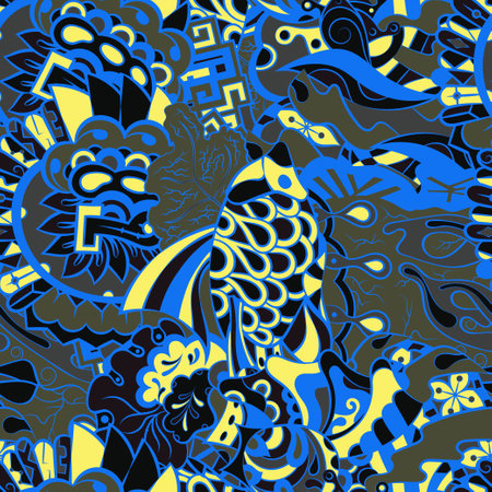 Tracery seamless pattern. mehndi design. Dark sharp colors. 6 colors. Ethnic doodle texture. Curved doodling background. Vector.のイラスト素材