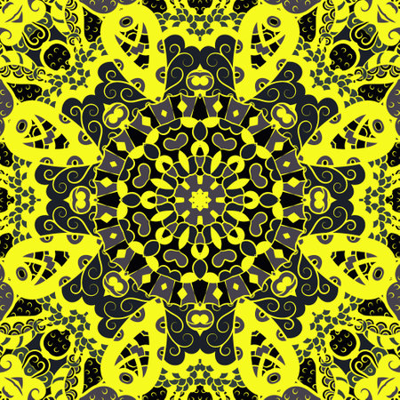 Seamless tile texture. Tracery mehndi design image. Dark toxic colors. Ethnic doodle art. Curved doodling picture. Vector.のイラスト素材