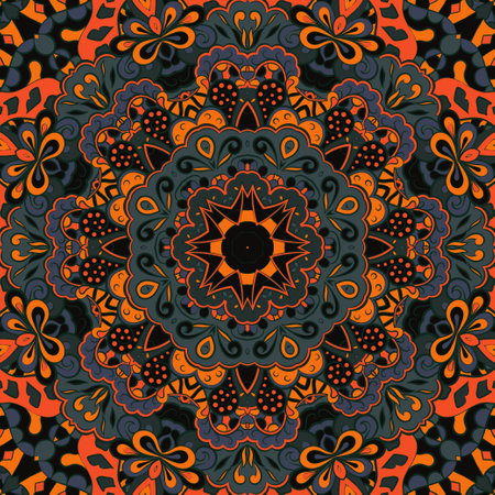 Seamless tile texture. Tracery mehndi design image. Dark toxic colors. Ethnic doodle art. Curved...