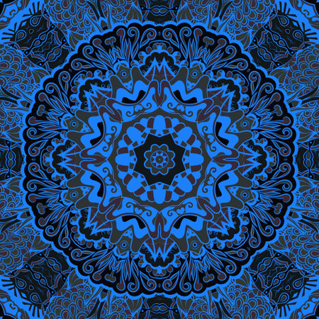 Seamless tile texture. Tracery mehndi design image. Dark toxic colors. Ethnic doodle art. Curved doodling picture. Vector.のイラスト素材