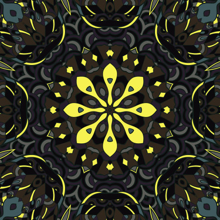 Seamless tile texture. Tracery mehndi design image. Dark toxic colors. Ethnic doodle art. Curved doodling picture. Vector.のイラスト素材