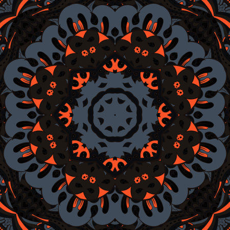 Seamless tile texture. Tracery mehndi design image. Dark toxic colors. Ethnic doodle art. Curved doodling picture. Vector.のイラスト素材