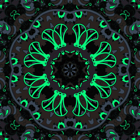 Seamless tile texture. Tracery mehndi design image. Dark toxic colors. Ethnic doodle art. Curved doodling picture. Vector.のイラスト素材