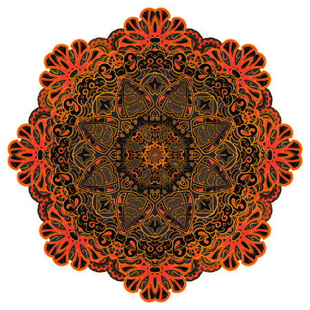 mandala. tracery wheel image. mehndi design. Dark toxic colors. Ethnic doodle art. Curved doodling picture. Vector.のイラスト素材