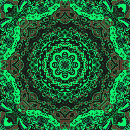 Seamless tile texture. Tracery mehndi design image. Dark toxic colors. Ethnic doodle art. Curved doodling picture. Vector.のイラスト素材