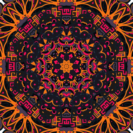 Seamless tile texture. Tracery mehndi design image. Dark toxic colors. Ethnic doodle art. Curved doodling picture. Vector.のイラスト素材