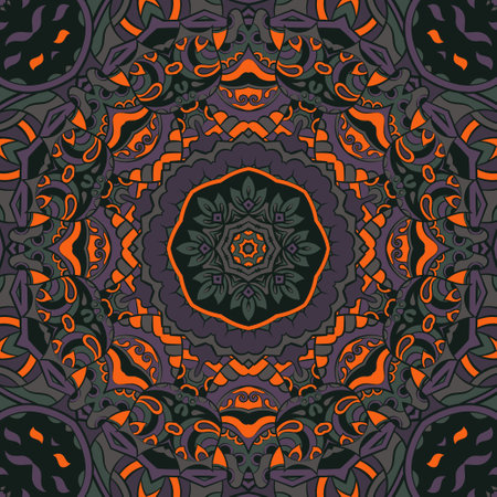 Seamless tile texture. Tracery mehndi design image. Dark toxic colors. Ethnic doodle art. Curved doodling picture. Vector.のイラスト素材