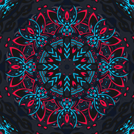 Seamless tile texture. Tracery mehndi design image. Dark toxic colors. Ethnic doodle art. Curved doodling picture. Vector.のイラスト素材