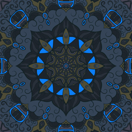 Seamless tile texture. Tracery mehndi design image. Dark toxic colors. Ethnic doodle art. Curved doodling picture. Vector.のイラスト素材