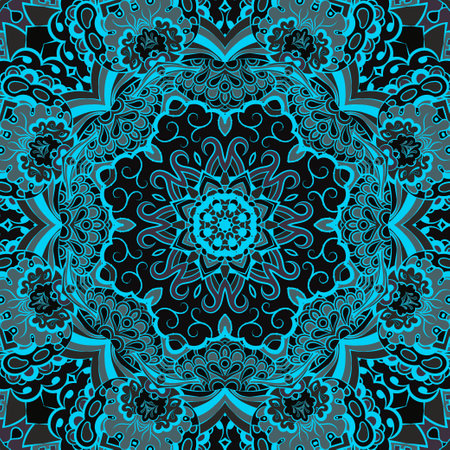 Seamless tile texture. Tracery mehndi design image. Dark toxic colors. Ethnic doodle art. Curved doodling picture. Vector.のイラスト素材