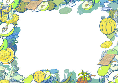 Background pattern abstract design texture. Fruits and Table setting. Border frame, transparent background. Theme is about pear, squares, fruit, table set, round grapes, bananas, napkin holderのイラスト素材