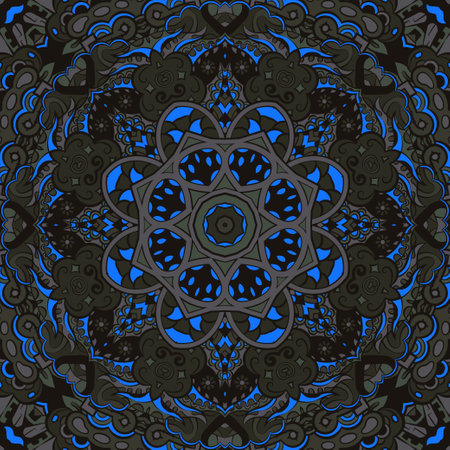 Seamless tile texture. Tracery mehndi design image. Dark toxic colors. Ethnic doodle art. Curved doodling picture. Vector.のイラスト素材