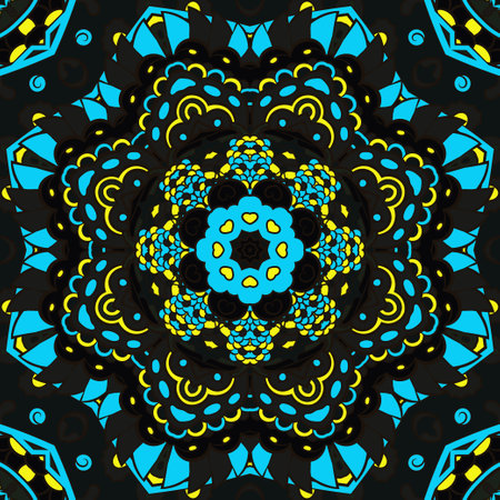 Seamless tile texture. Tracery mehndi design image. Dark toxic colors. Ethnic doodle art. Curved doodling picture. Vector.のイラスト素材