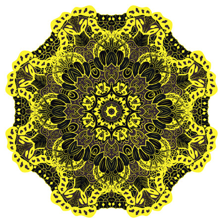 mandala. tracery wheel image. mehndi design. Dark toxic colors. Ethnic doodle art. Curved doodling picture. Vector.のイラスト素材