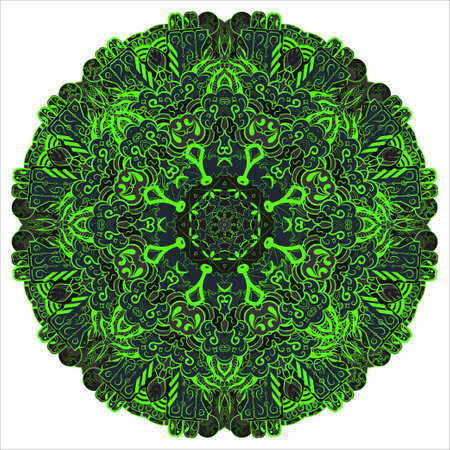 mandala. tracery wheel image. mehndi design. Dark toxic colors. Ethnic doodle art. Curved doodling picture. Vector.のイラスト素材