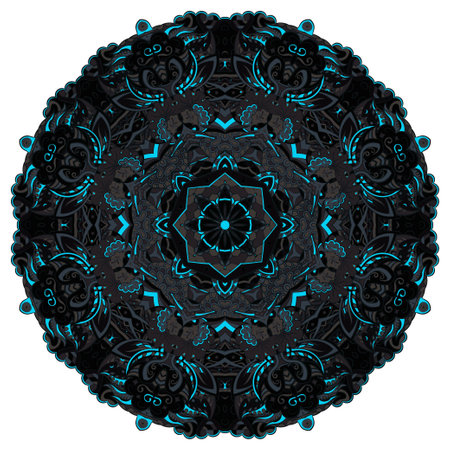 mandala. tracery wheel image. mehndi design. Dark toxic colors. Ethnic doodle art. Curved doodling picture. Vector.のイラスト素材