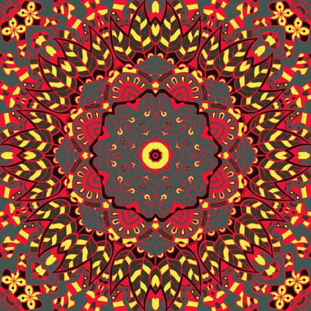 Seamless tile texture. Tracery mehndi design image. Dark toxic colors. Ethnic doodle art. Curved doodling picture. Vector.のイラスト素材
