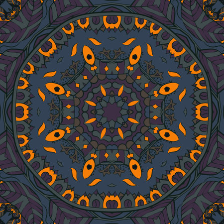 Seamless tile texture. Tracery mehndi design image. Dark toxic colors. Ethnic doodle art. Curved doodling picture. Vector.のイラスト素材