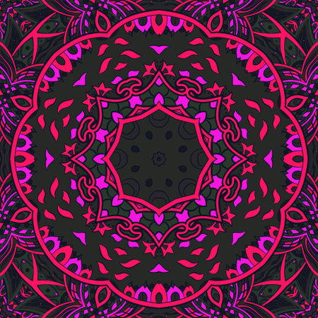 Seamless tile texture. Tracery mehndi design image. Dark toxic colors. Ethnic doodle art. Curved doodling picture. Vector.のイラスト素材