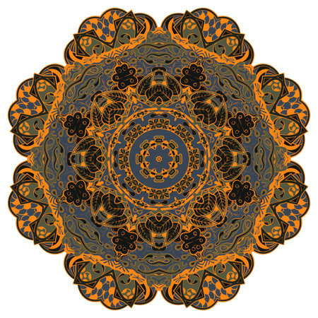 mandala. tracery wheel image. mehndi design. Dark toxic colors. Ethnic doodle art. Curved doodling picture. Vector.のイラスト素材