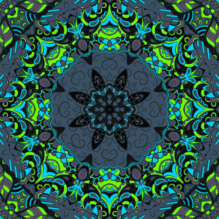 Seamless tile texture. Tracery mehndi design image. Dark toxic colors. Ethnic doodle art. Curved doodling picture. Vector.のイラスト素材