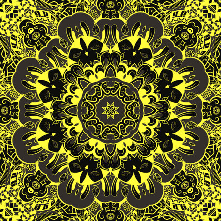 Seamless tile texture. Tracery mehndi design image. Dark toxic colors. Ethnic doodle art. Curved doodling picture. Vector.のイラスト素材