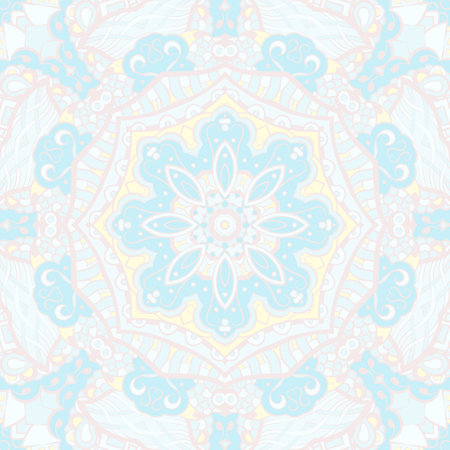 Seamless tile texture. Tracery mehndi design image. pastel. Ethnic doodle art. Curved doodling picture. Vector.のイラスト素材