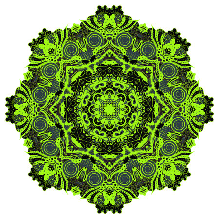 mandala. tracery wheel image. mehndi design. Dark toxic colors. Ethnic doodle art. Curved doodling picture. Vector.のイラスト素材