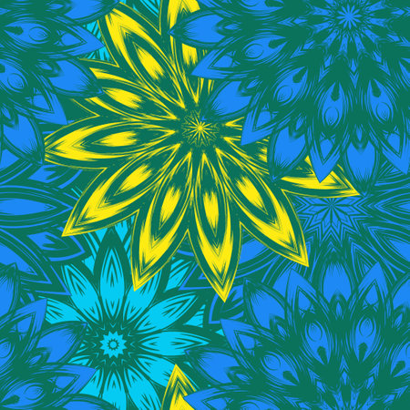 flowers. Seamless floral background. Tracery handmade nature ethnic fabric backdrop pattern. Textile design texture. decorative color art. Vector.のイラスト素材