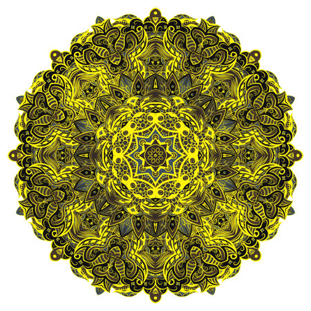 mandala. tracery wheel image. mehndi design. Dark toxic colors. Ethnic doodle art. Curved doodling picture. Vector.のイラスト素材