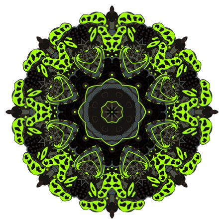 mandala. tracery wheel image. mehndi design. Dark toxic colors. Ethnic doodle art. Curved doodling picture. Vector.のイラスト素材