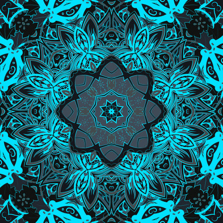 Seamless tile texture. Tracery mehndi design image. Dark toxic colors. Ethnic doodle art. Curved doodling picture. Vector.のイラスト素材