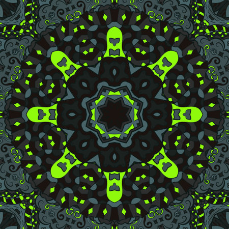 Seamless tile texture. Tracery mehndi design image. Dark toxic colors. Ethnic doodle art. Curved doodling picture. Vector.のイラスト素材