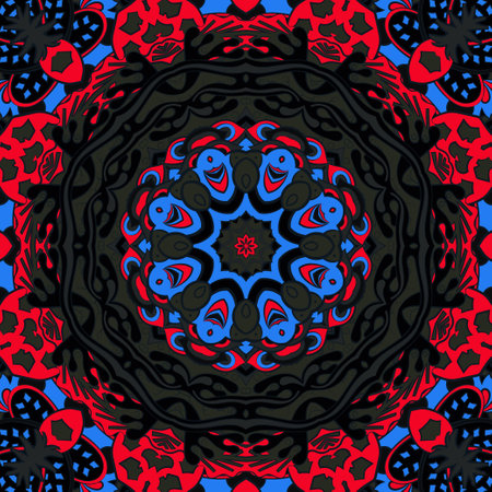 Seamless tile texture. Tracery mehndi design image. Dark toxic colors. Ethnic doodle art. Curved doodling picture. Vector.のイラスト素材