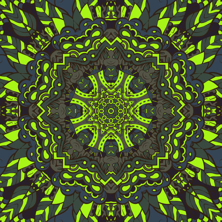 Seamless tile texture. Tracery mehndi design image. Dark toxic colors. Ethnic doodle art. Curved doodling picture. Vector.のイラスト素材