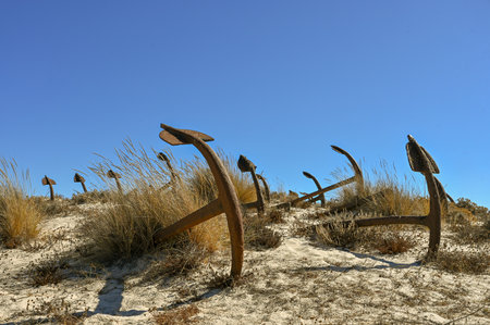 Old rusty anchors on the sand dunes of the island of Sardiniaの写真素材
