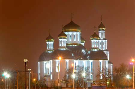 Church in the night city. Illumination by floodlightsの写真素材