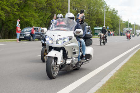 Brest, Belarus - May 27, 2017: Bikers on their motorcycles in special clothes ride a collar on the outskirts of the city of Brest at the annual international festival of bikers on May 27.のeditorial素材