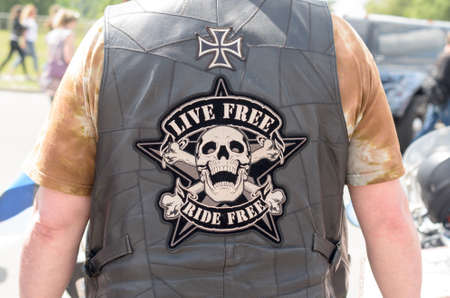 Brest, Belarus - May 27, 2017: Bikers on their motorcycles in special clothes ride a collar on the outskirts of the city of Brest at the annual international festival of bikers on May 27.のeditorial素材