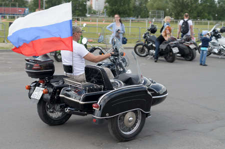 Brest, Belarus - May 27, 2017: Bikers on their motorcycles in special clothes ride a collar on the outskirts of the city of Brest at the annual international festival of bikers on May 27.のeditorial素材