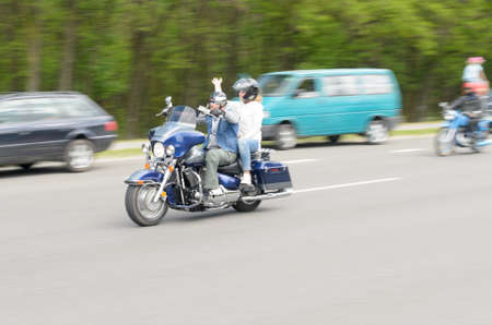 Brest, Belarus - May 27, 2017: Bikers on their motorcycles in special clothes ride a collar on the outskirts of the city of Brest at the annual international festival of bikers on May 27.のeditorial素材