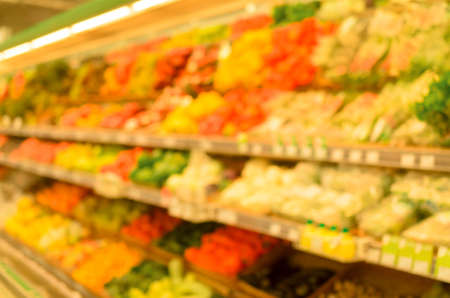 Abstract blur store shelves with fruit for backgroundの写真素材