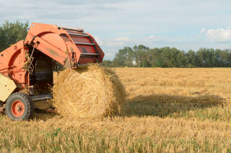 Special machines for harvesting form round bales of hayの写真素材